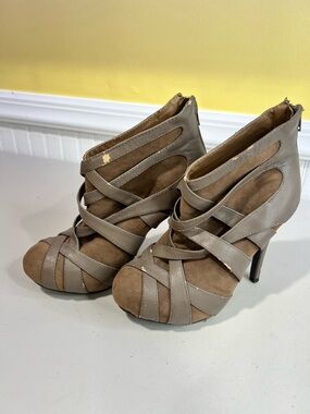 Dollhouse Taupe Strappy Peep-Toe High Heel Booties